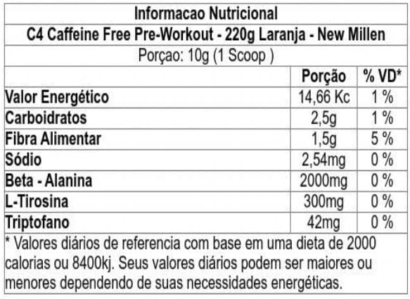 New Millen C4 Caffeine Free Pre Treino 220g